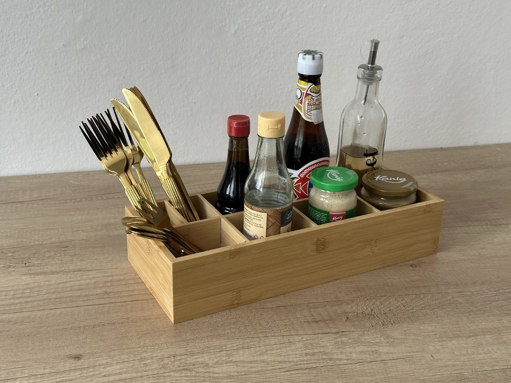Bambusový organizér na prísady, príbory, na stôl, ku grilu, 8 priehradiek 36 x 15 x 7,5 cm