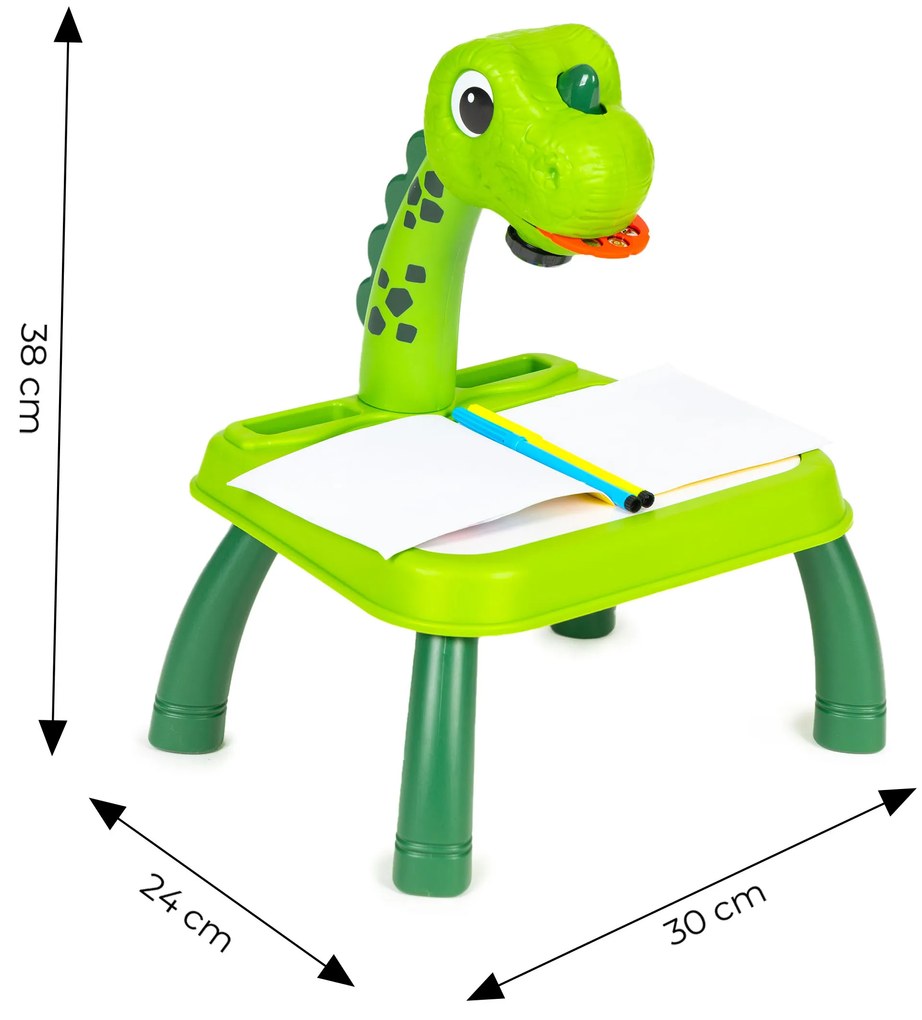 Projektor na kreslenie s dinosaurami, 12 fixiek, 24 vzorov, zelený