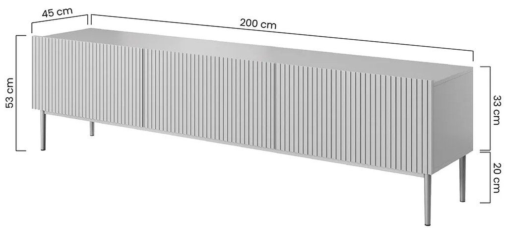 TV stolík Nicole 200 cm - biely mat / čierne nožičky