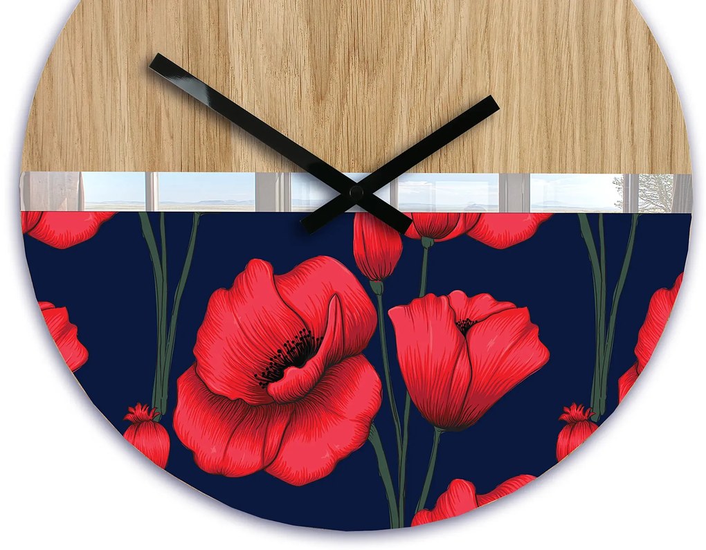 Drevené nástenné hodiny Máky 33 cm dub prírodný/červený