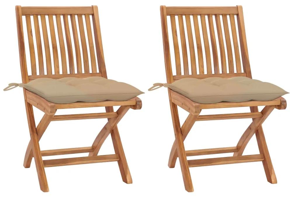 Záhradné stoličky 2 ks, béžové podložky, tíkový masív 3062451
