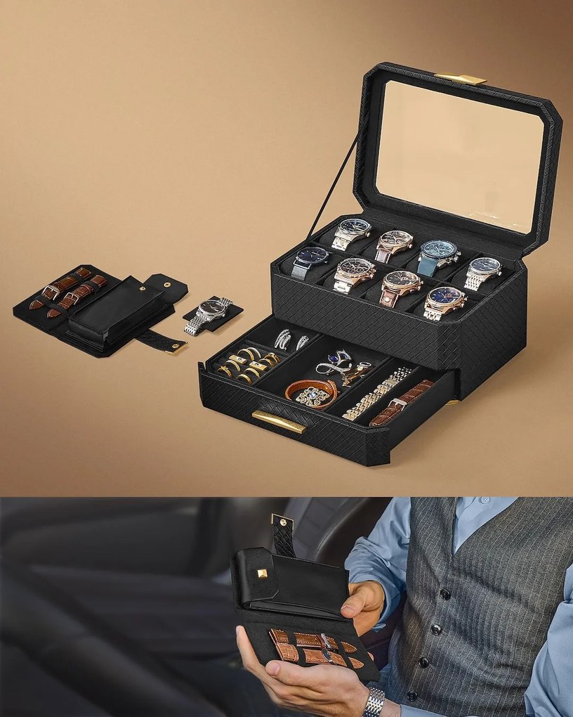 Songmics Box na hodinky Watch, 27,3x14,5x19,5 cm, čierna/zlatá