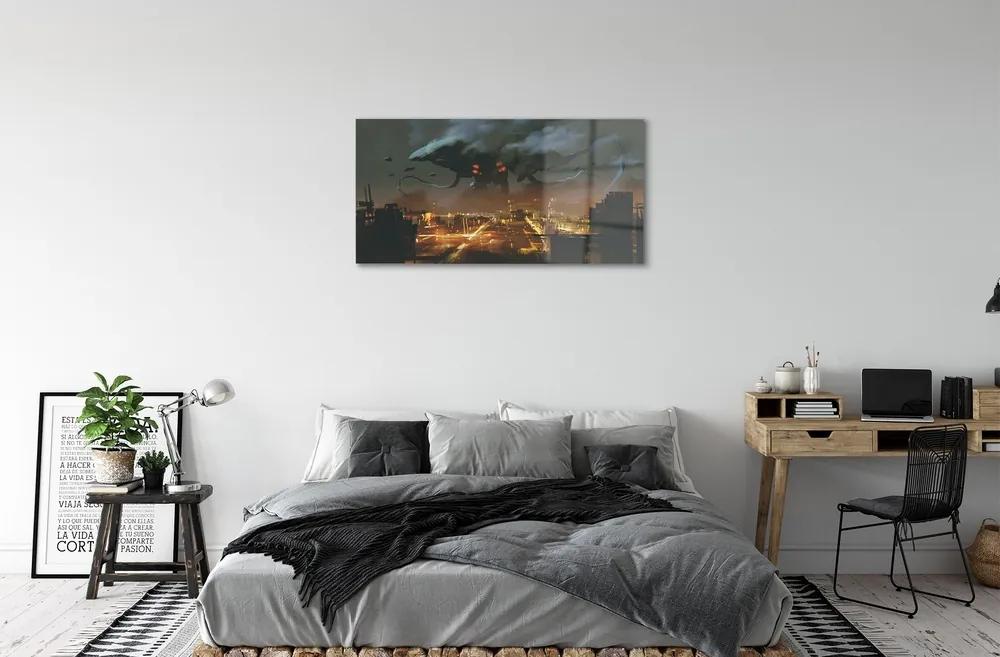Sklenený obraz Mesto v noci dym monštier 140x70 cm