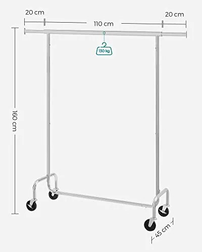 SongmicsHome Stojan na oblečnie IRENE na kolieskach, max.130kg, 150x45x160cm, strieborná