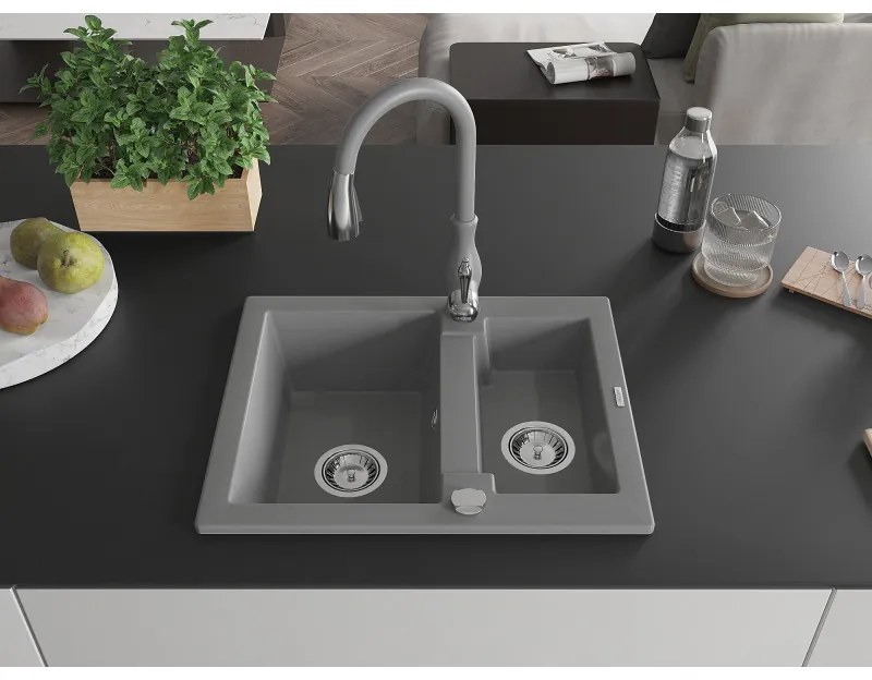 Mexen Carlos, 1,5-komorový granitový drez 582x475x177 mm a drezová batéria Savita, šedá, 6518-71-672601-71