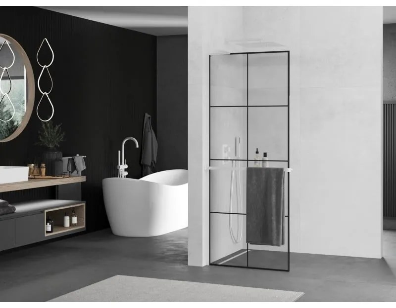 Mexen Kioto+ L, sprchová zástena Walk-In s poličkou a vešiakom 90 x 200 cm, 8mm číre sklo čierny vzor, biely profil, 800-090-123-20-77