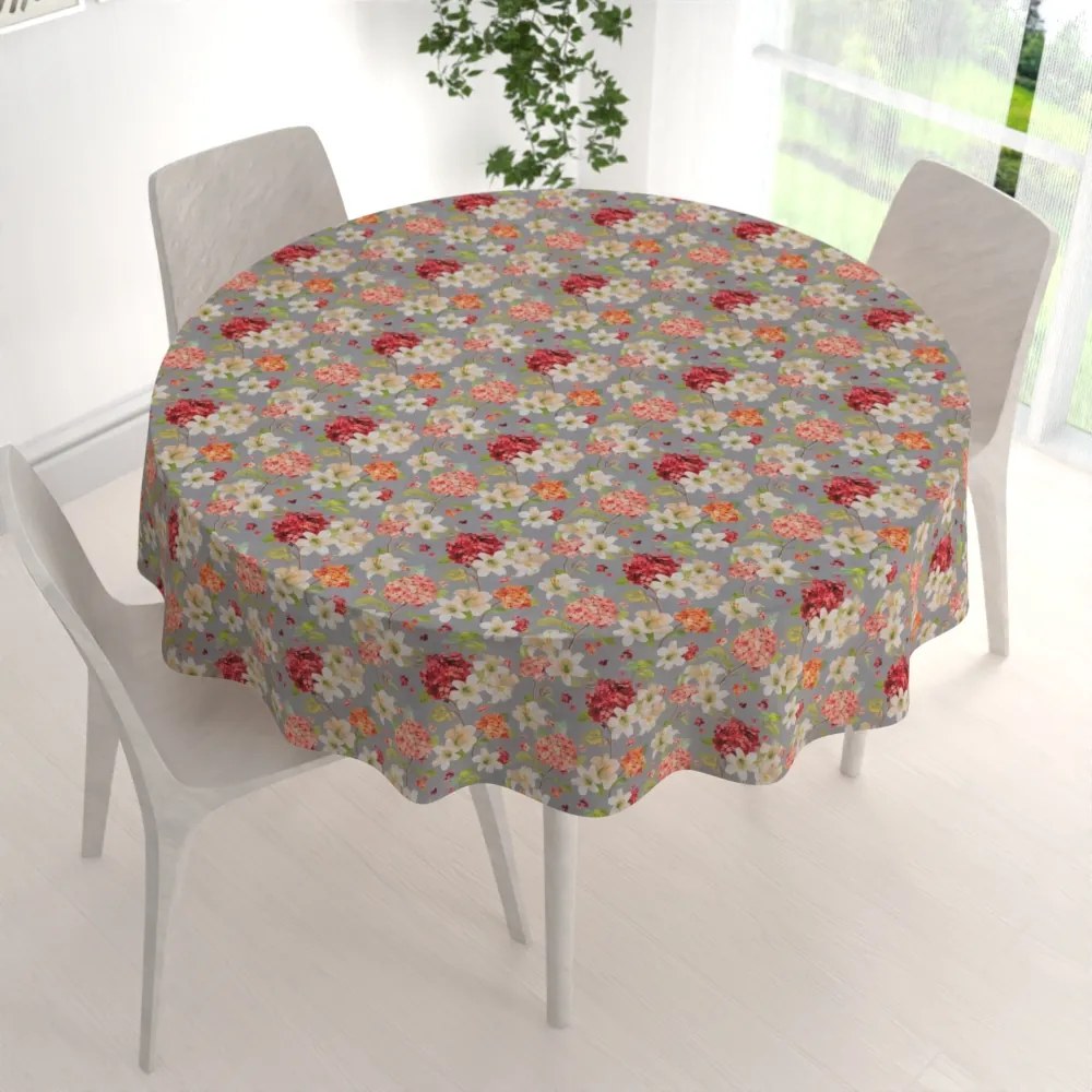 Biante Dekoračný okrúhly obrus PML-092 Hortenzie a ľalie na sivom Ø 70 cm