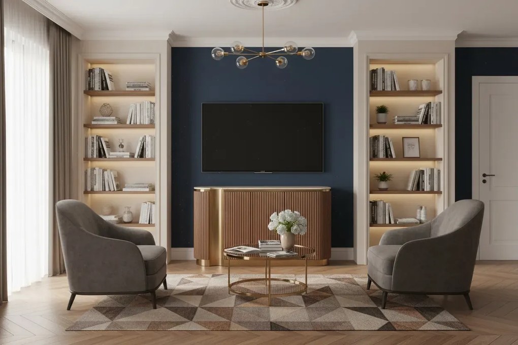 Komoda Stilig ST917 158 cm orech/zlatá/travertín