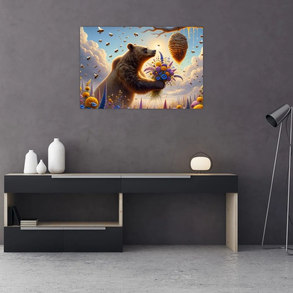 Obraz - Medveď a včielky (90x60 cm)