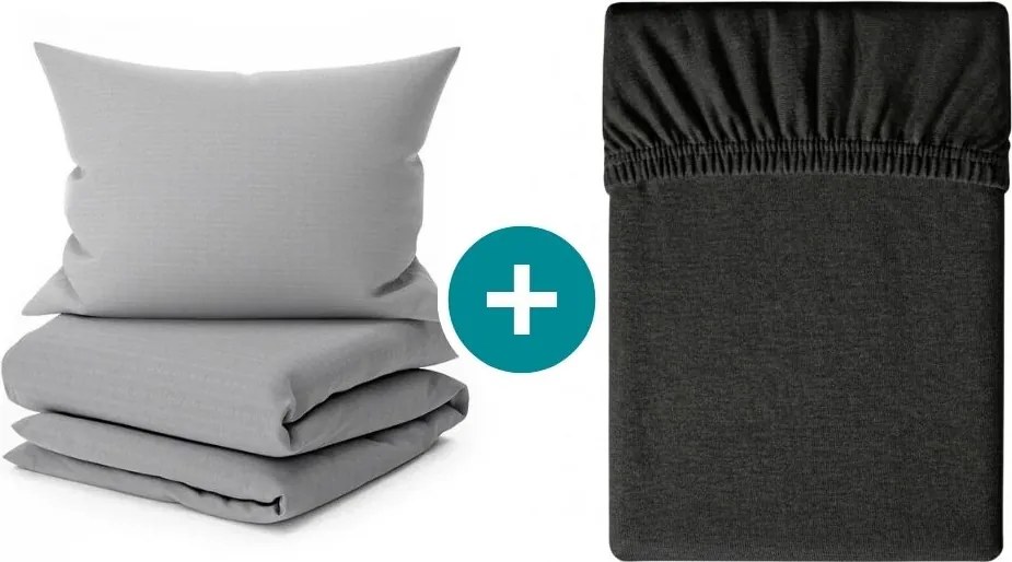 Sada krepových obliečok DENYX BLEND sivé, hotelové vrecko + plachta Jersey 90 x 200 cm tmavosivá, jednolôžko