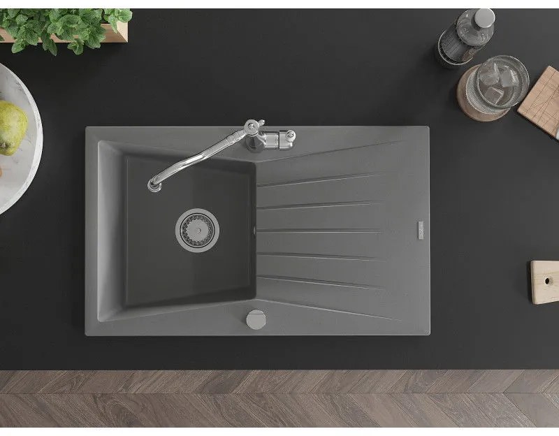 Mexen Cesar, 1-komorový granitový drez 775x470x190 mm a drezová batéria Carla, šedá, 6514-71-670700-00