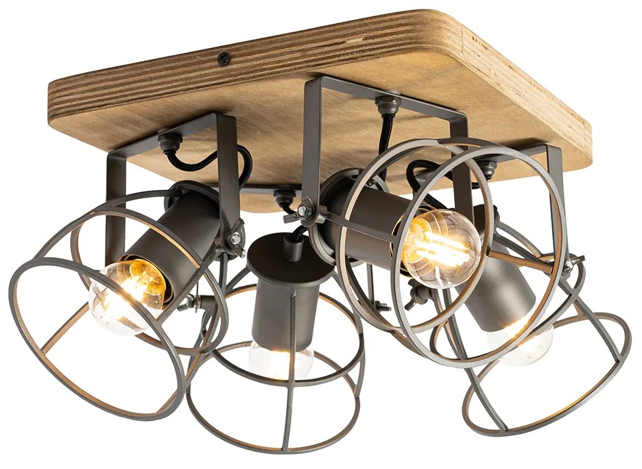 Priemyselné bodové svetlo drevo s tmavosivou nastaviteľnou 4-svetlo - Arthur