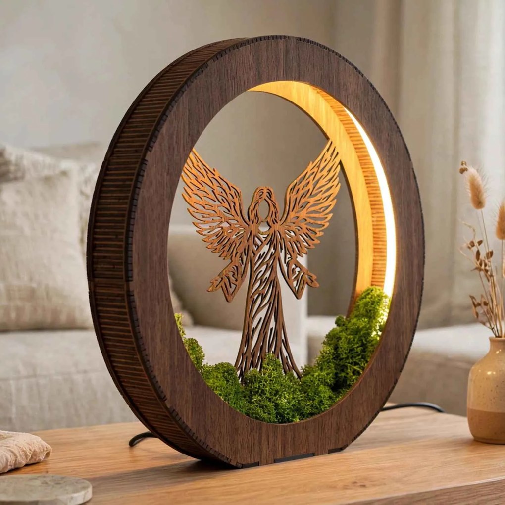 Drevená LED lampa Anjel svetla s machom | MICHAEL: HDF - Orech 20 cm 4778-115060 LED0606
