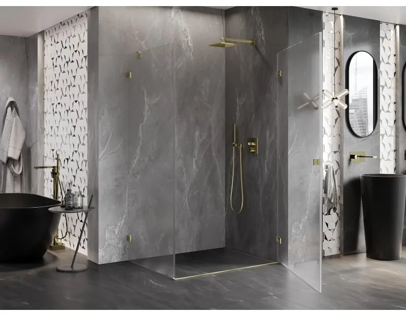 Mexen Lunar-B, pravostranný výklopný sprchový kút 85 x 70 cm, 8mm číre sklo, zlatý kartáčovaný - 832-085-070-55-00-P