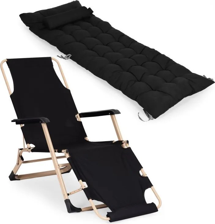 Záhradné plážové ležadlo 2 v 1 s vankúšom, opierkou hlavy, nastaviteľnou opierkou nôh, čierne, zlatý rám