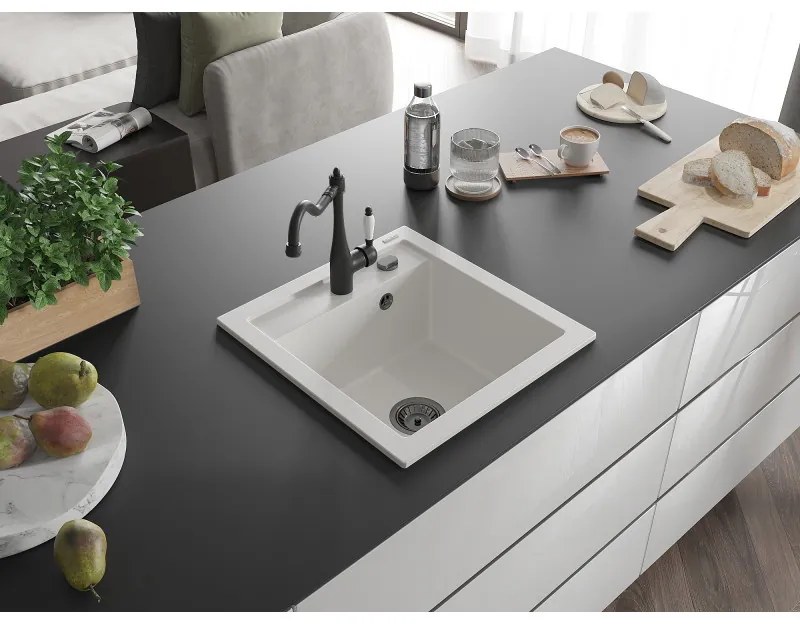 Mexen Vito, granitový drez 490x520x210 mm, 1-komorový a drezová batéria Carla, biela, 6503-20-670700-70