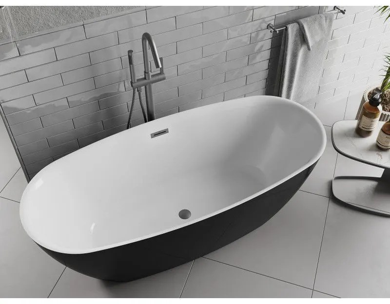 Mexen Luvo Slim, voľne stojaca vaňa 170 × 75 cm, biela-čierna, grafitový prepad, 52801707575-95