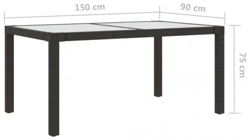 vidaXL Záhradný stôl 150x90x75 cm tvrdené sklo a polyratan hnedý-