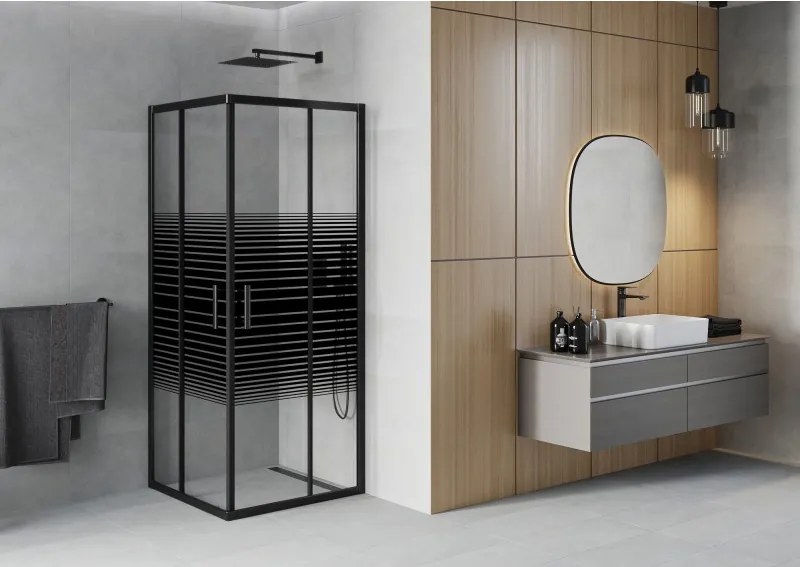 Mexen Rio štvorcová sprchová kabína 90 x 90 cm, čierne pásy, čierna - 860-090-090-70-20