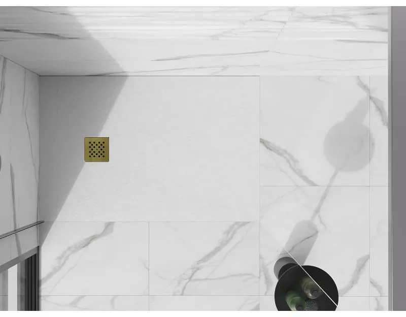 Mexen Stone+, obdĺžniková vanička z minerálneho kompozitu 130 x 70 cm, biela, zlatá lesklá krytka, 44107013-G