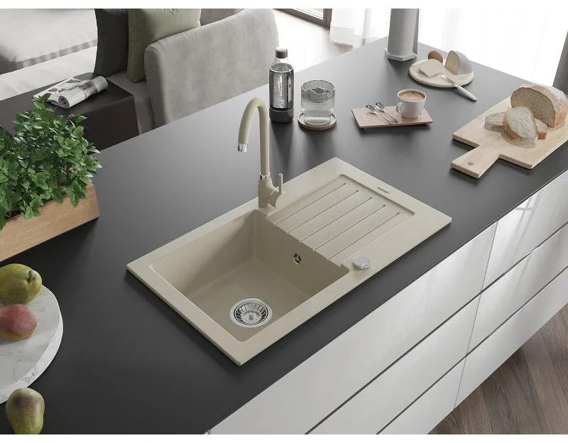 Mexen Pablo, 1-komorový granitový drez s odkvapkávačom 75x44 cm a kuchynskou batériou Telma, béžová, 6510-69-670200-69