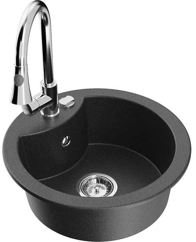 Mexen Diego, 1-komorový granitový drez 488x488x167 mm a drezová batéria Elia, čierna škvrnitá, 6512-76-670101-00