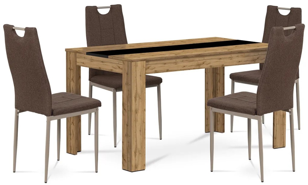 Autronic - Jedálenský set 1+4, stôl 138x80 cm, lamino dub wotan, stolička hnedá látka, cappuccino lak - B140WOTDCL393BR AKCE