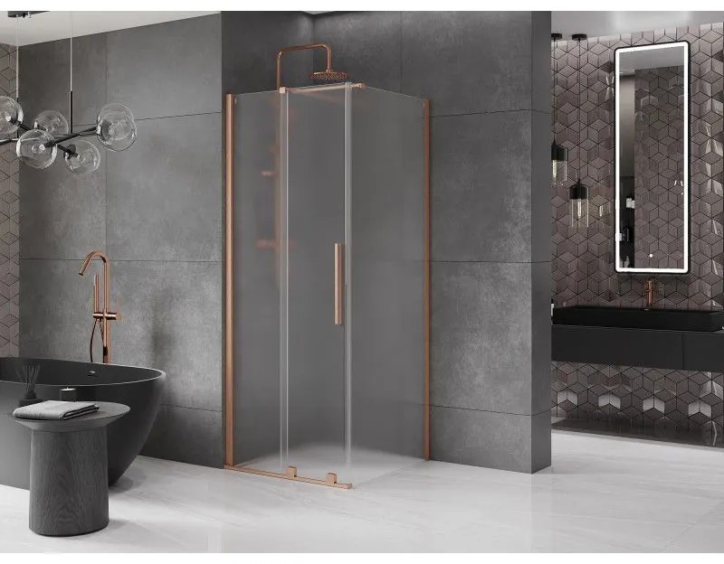Mexen Velar, sprchový kút s posuvnými dverami 120 x 120 cm, 8mm sklo námraza, medená matná, 871-120-120-31-65