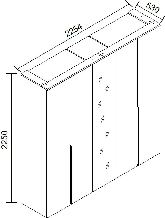 Šatníková skriňa so zrkadlom Kevo, 225 cm, biela