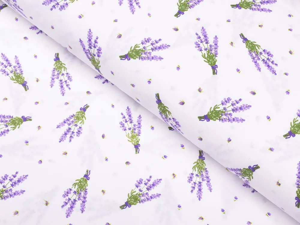 Biante Bavlnený záves Sandra SA-301 Malé zväzky levandúľ na bielom 150x250 cm