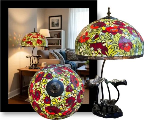 Lampa do obývačky Tiffany kovový stojan Folioles POPPY Ø50*63