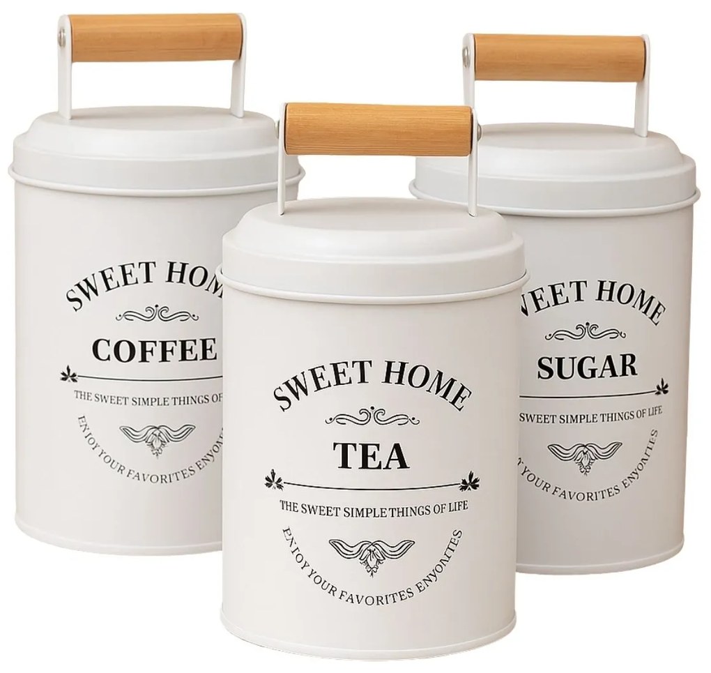 CONFORTIME Súprava 3ks plechových dóz SWEET HOME na čaj, kávu a cukor, viečko s dreveným držadlom