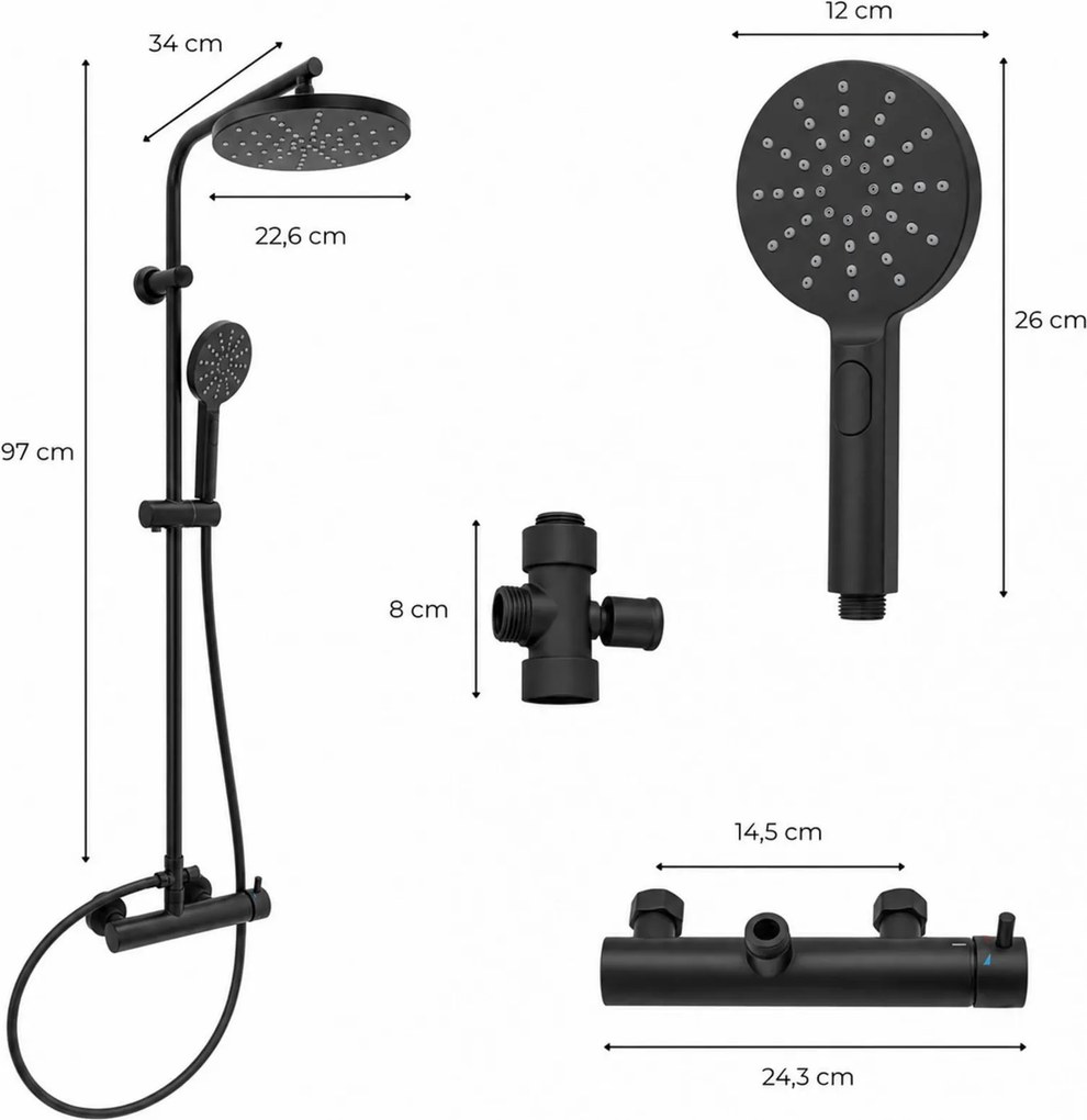 Erga Dubaj, sprchový set s batériou a hlavovou sprchou 23 cm, čierna matná, ERG-YKA-BP.DUBAJ23-BLK