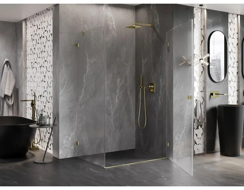 Mexen Lunar-B, pravostranný výklopný sprchový kút 75 x 70 cm, 8mm číre sklo, zlatý kartáčovaný - 832-075-070-55-00-P