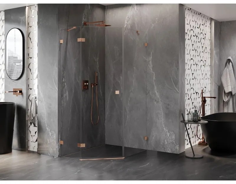Mexen Lunar, päťuholníkový sprchový kút s ľavým sklonom 80 x 90 cm, 8mm číre sklo, profil medená matná, 831-080L-090P-65-00-L