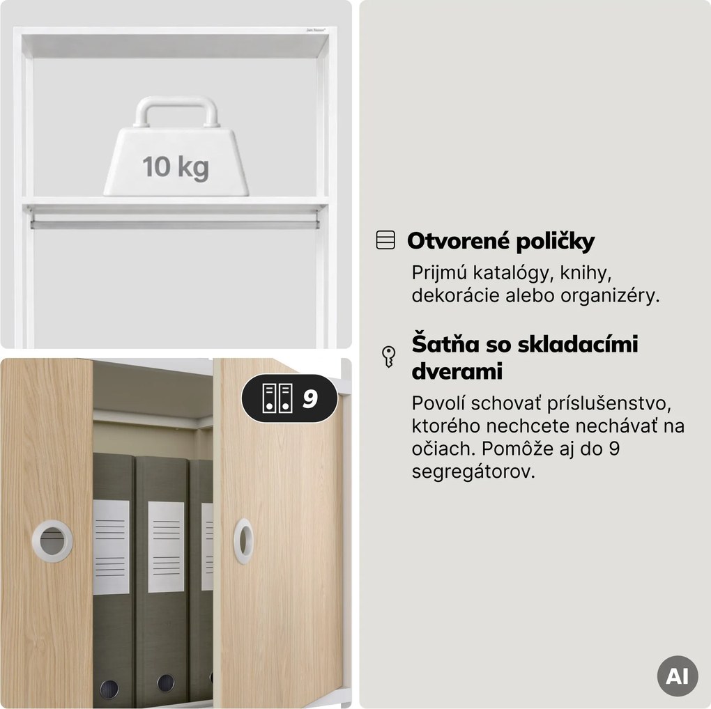 Kancelársky regál otvorený s tyčou na oblečenie, do recepcie a čakárne, kovový, biely/dub sonoma, 800x2200x400 mm: ARIEL Eco Design