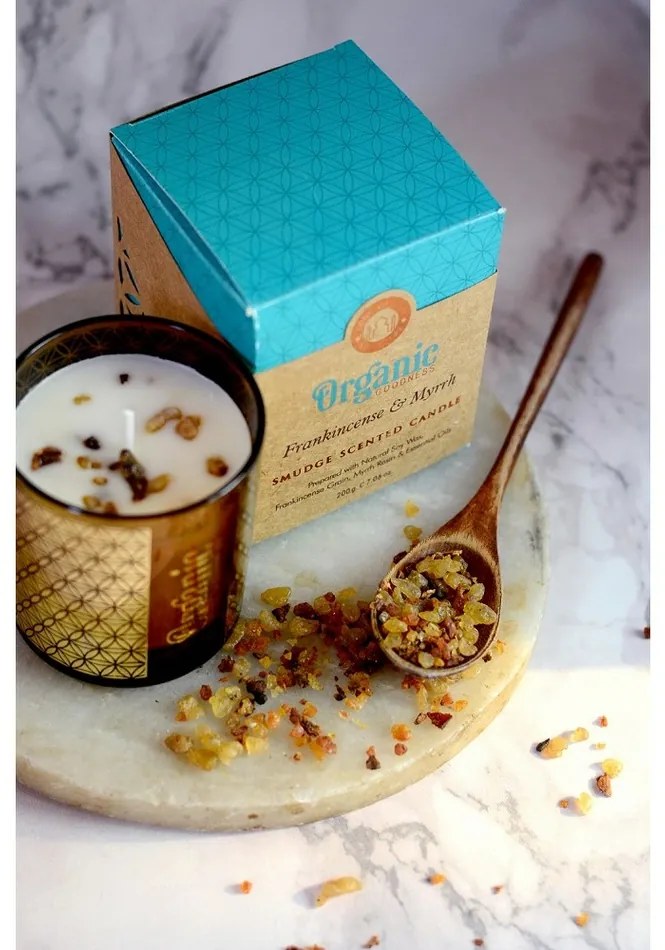 Organická vykurovacia sviečka Frankincense & Myrrh 200 g v skle so zlatou fóliou