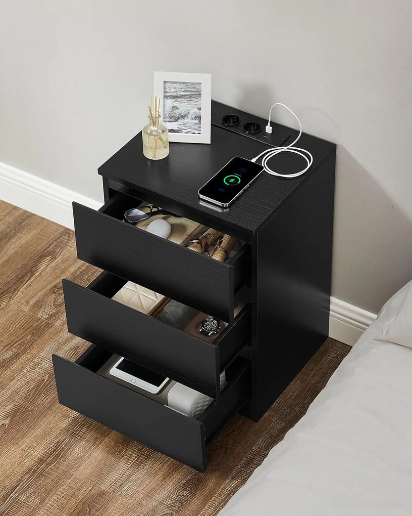 Sada 2 nočných stolíkov, 3 zásuvky, 2 AC zásuvky, 2 USB porty, čierne