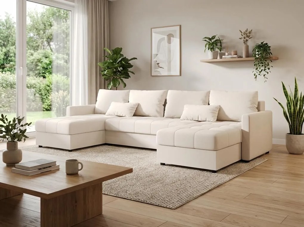 AKCIA Rozkladacia sedacia súprava do U VENORIA 285x146 cm, krémová + 2 vankúšiky ZDARMA II. akosť