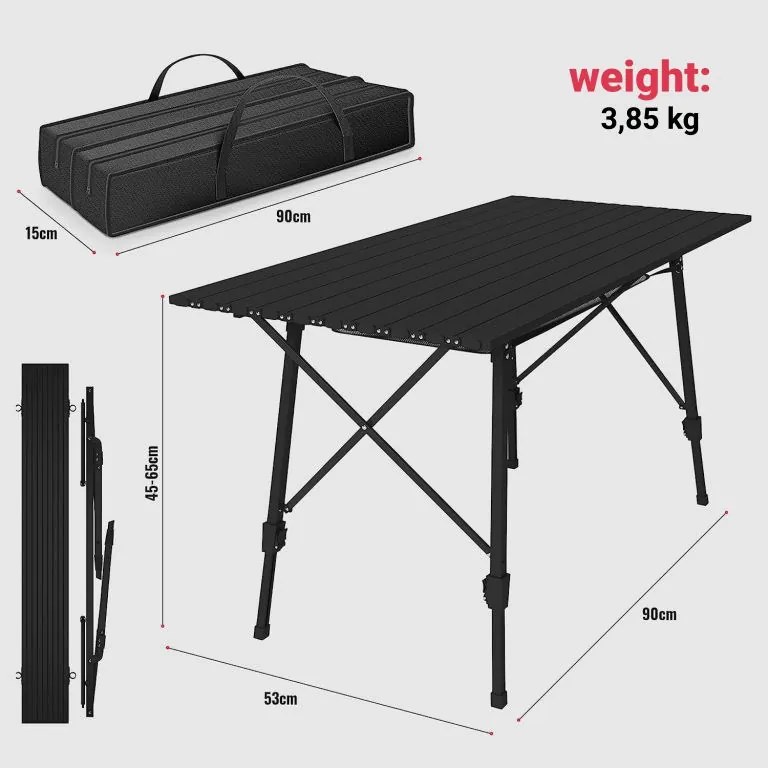 Miadomodo skladací kempingový stôl JG95144 90 x 45-65 x 53 cm čierny s taškou