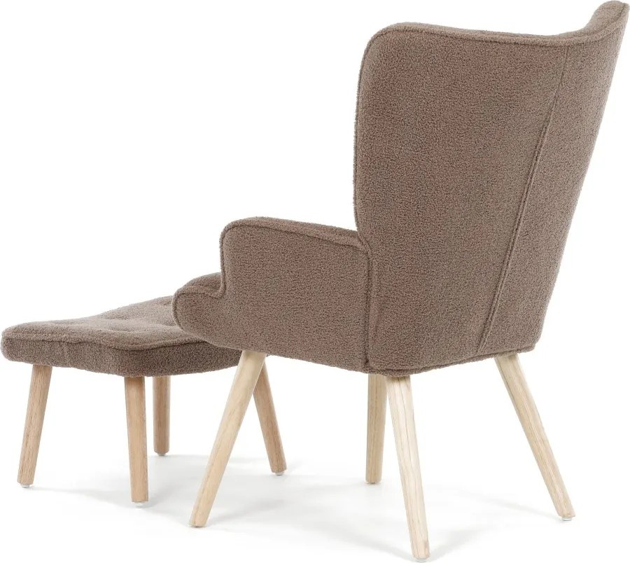 Relaxačné kreslo ušiak ROMEO II + taburet — masívne drevo, látka bouclé, prírodná / hnedá