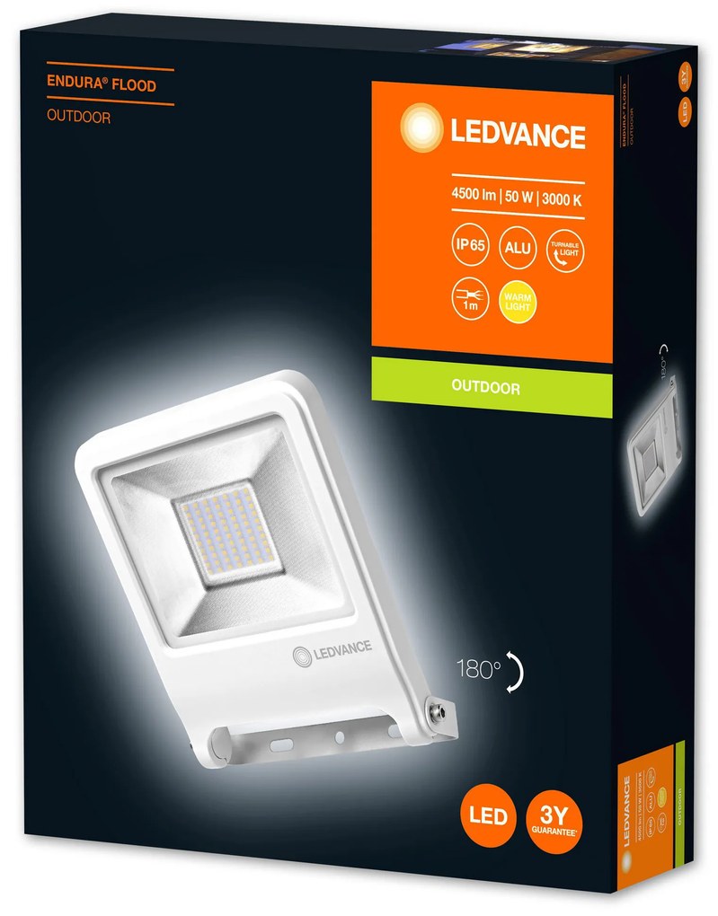 LEDVANCE Vonkajší LED nástenný reflektor ENDURA FLOOD, 50W, teplá biela, IP65, biely