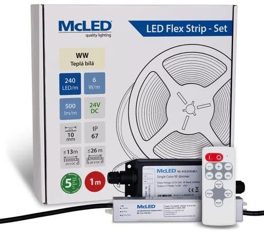 McLED LED páska - sada 1 m + Prijímač Nano IP67, 240 LED/m, WW, 6 W/m, DC 24V, 500 lm/m, CRI90, IP67, 10 mm, vodič 3 m ML-126.034.90.S01002