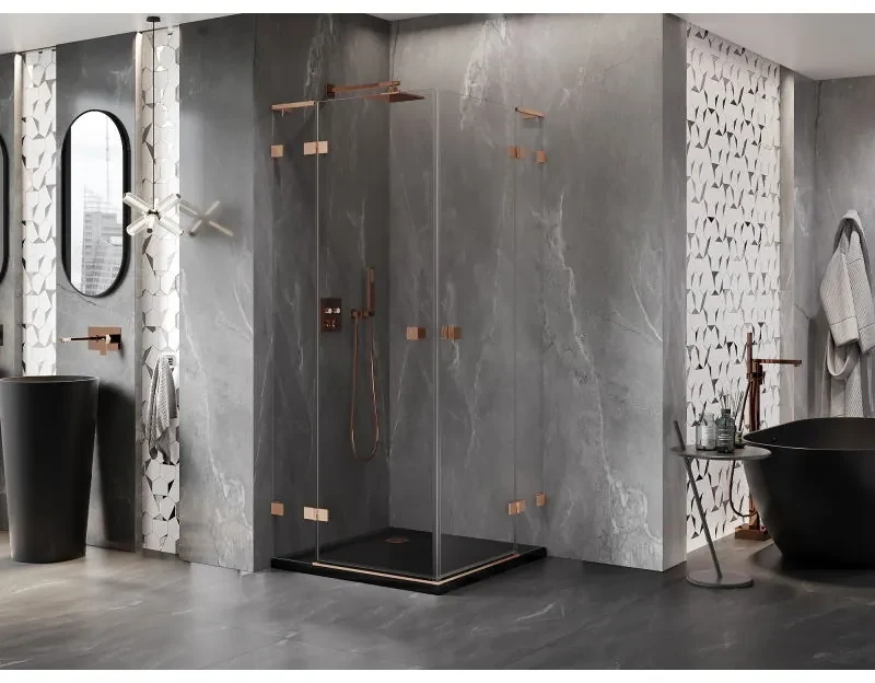 Mexen Lunar, L Duo výklopný sprchový kút 95 x 95 cm, 8mm číre sklo, profil medená matná, 834L-095L-095P-65-00