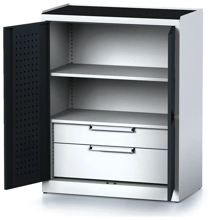 Policová dielenská skriňa 2-dverová MECHANIC, 1 polica, 2 zásuvky, 920 x 500 x 1170 mm, antracitové dvere