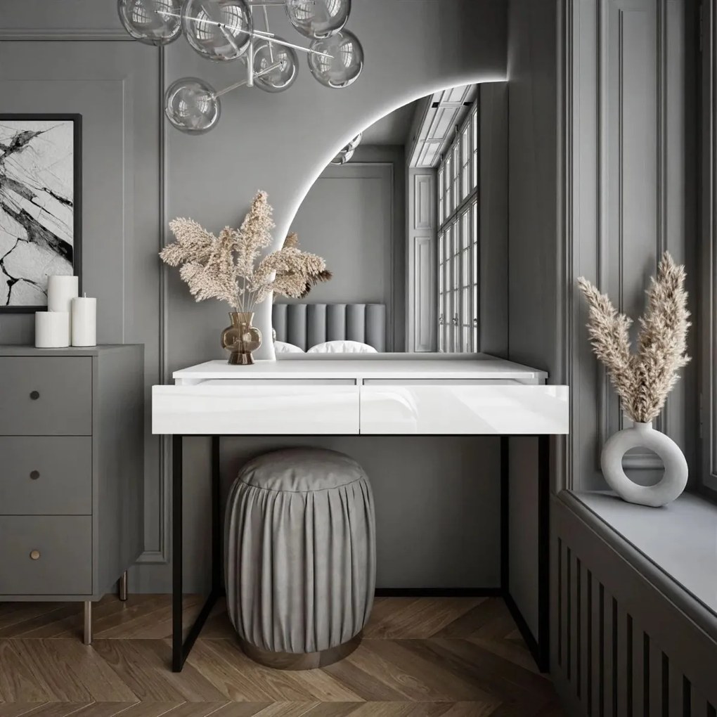 TOALETNÝ STOLÍK EMELINE BIELY VYSOKÝ LESK + ČIERNY PODSTAVEC + ZRKADLO + LED