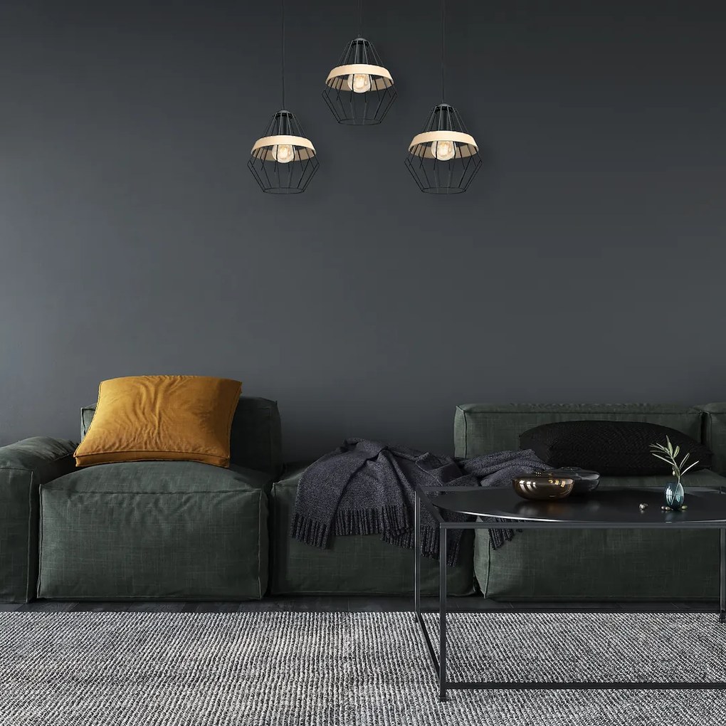 Závesné svietidlo Cliff, 3x drevené/čierne drôtené tienidlo, b