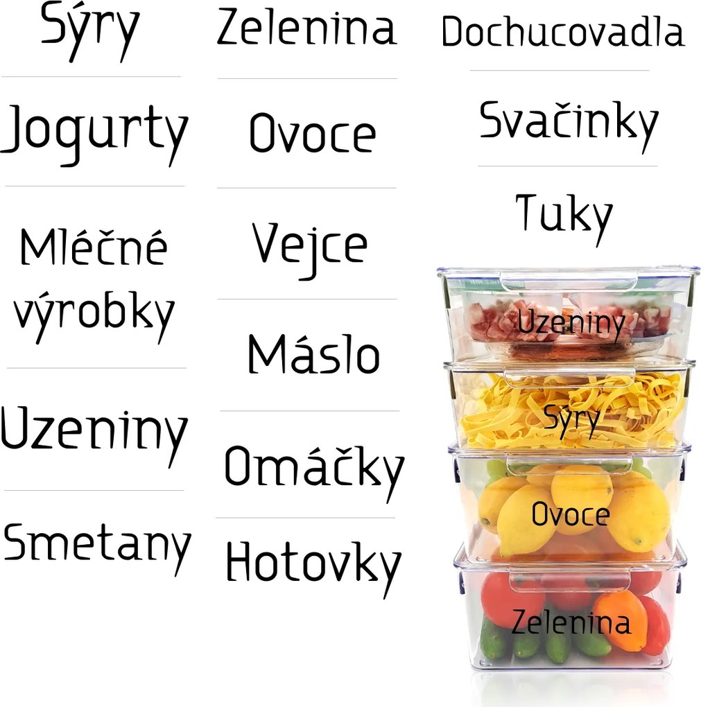 Označto Sada štítkov / nálepiek do chladničky - 14 názvov písmo KLASIK Farba písma: Čierna