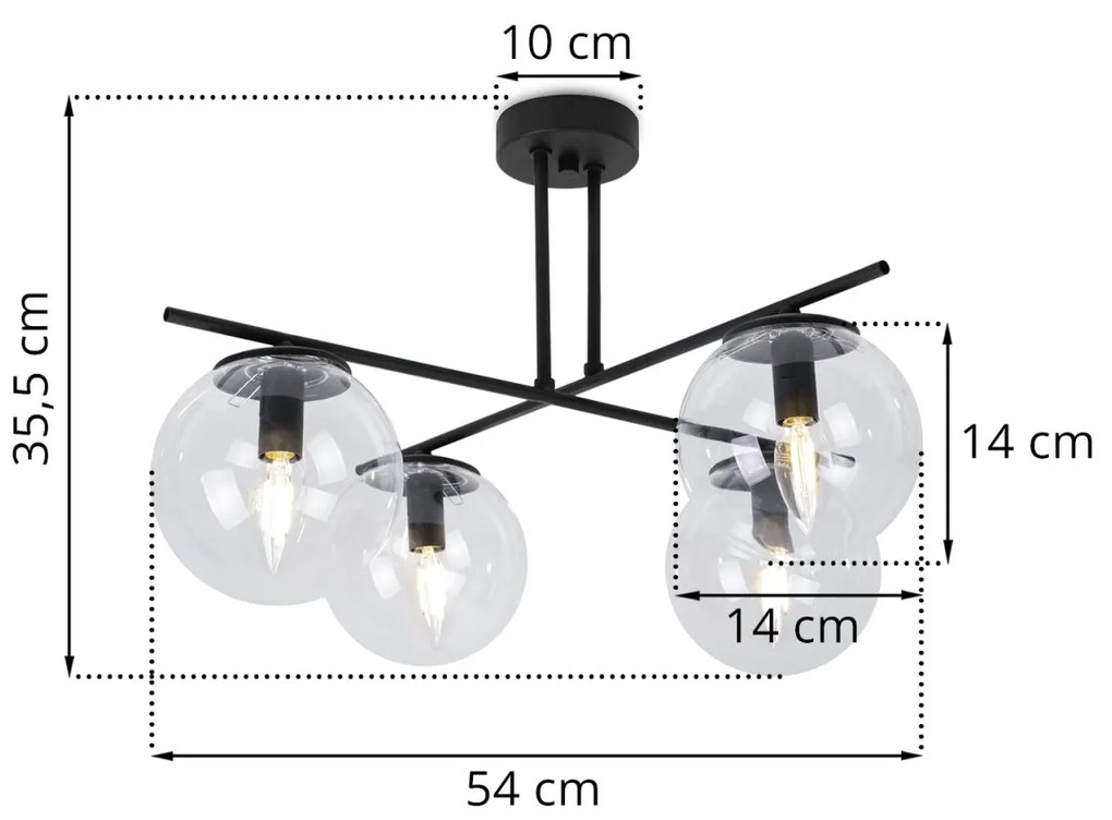 Stropné svietidlo PARIS, 4x transparentné sklenené tienidlo
