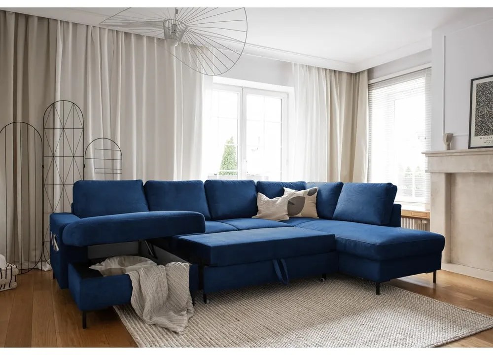 Tmavomodrá menčestrová rozkladacia rohová pohovka (pravý roh) Lofty Lilly – Miuform